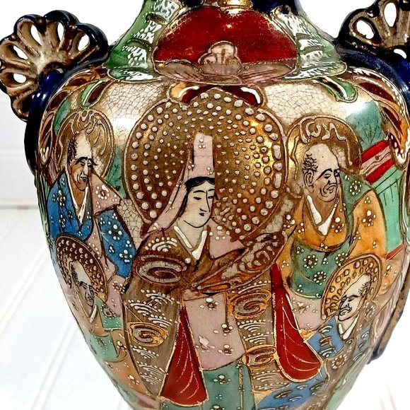 Antique Famille Immortals Japanese Satsuma Moriage Cobalt Blue Vase 12" Vintage - Picture 5 of 9